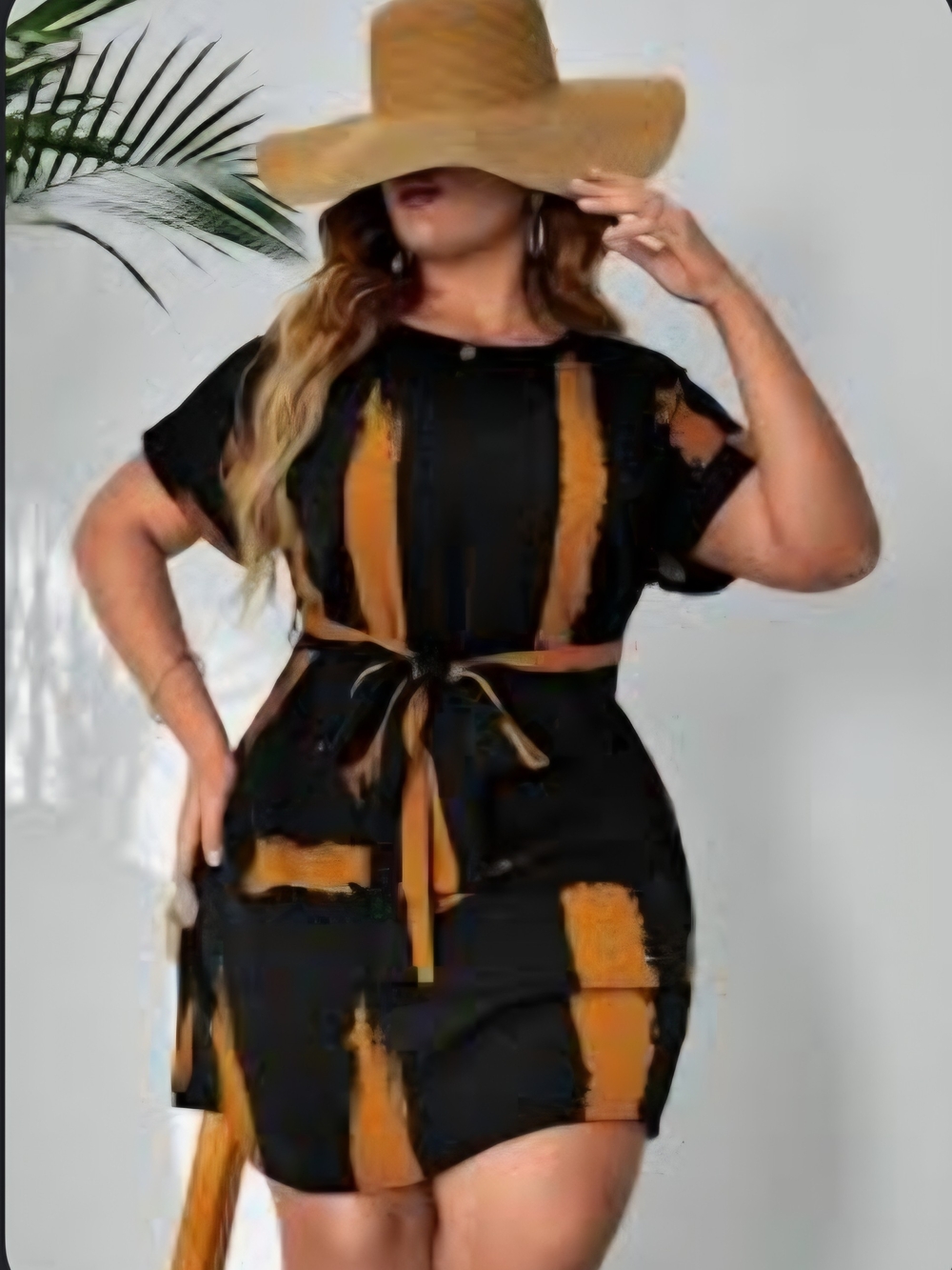 SHEIN Black Mini Skirt with Mustard Brushstroke Tie-Waist